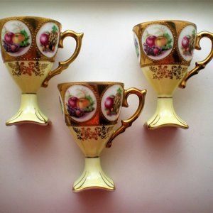 Antique Vintage 3 Lefteris Fruit Yellow Gold Tea Coffee Cup & Saucer Set 6 Total